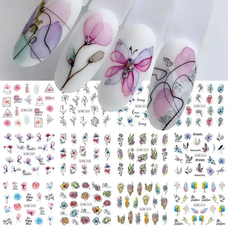 12Spring and Summer Water Transfer Ink Floral Nail Sticker Set Contains Blooming Flowers and Green Leaves Graffiti Slider Nail
