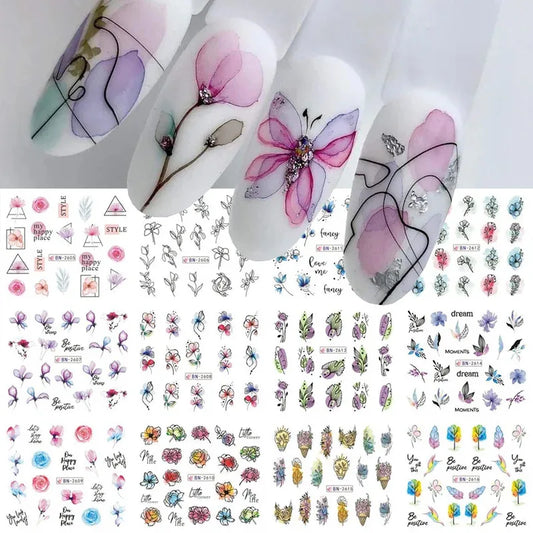 12Spring and Summer Water Transfer Ink Floral Nail Sticker Set Contains Blooming Flowers and Green Leaves Graffiti Slider Nail