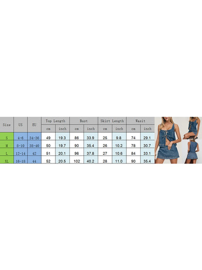 Women's Tie Front Denim Jean Vest Top and Mini Skirt 2-Piece Set Summer Trendy Going Out Outfits Clothes Summer Chic Streetwear