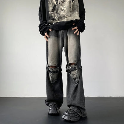 Men's Jeans Retro Trousers Knee Holes Splicing High Street Loose Denim Trousers Flared Jeans Straps Cowboy Casual Long Pants