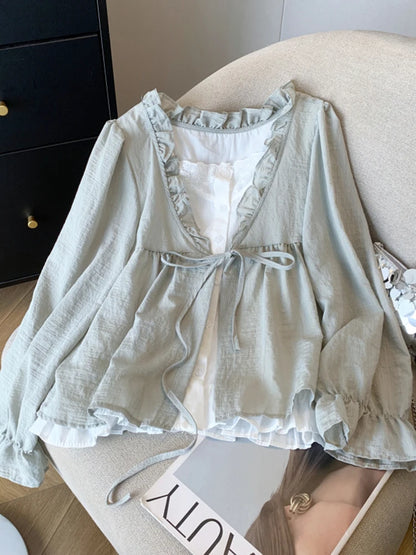 Korean Casual Sweet Fungus Lace Collar Women's Shirt Top Autumn New Women Fashion Fake Two-Piece Lace Up Long Sleeved Shirt