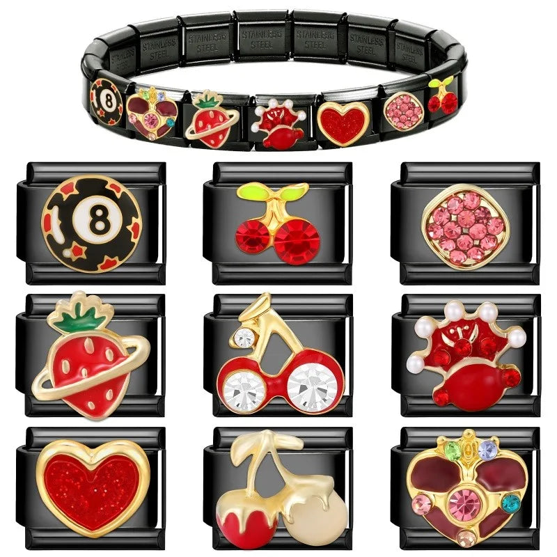2025 New Original Black Red Stars Love Heart Bows Flower Italian Charm Link Fit 9mm Stainless Steel Jewelry DIY Making Bracelets