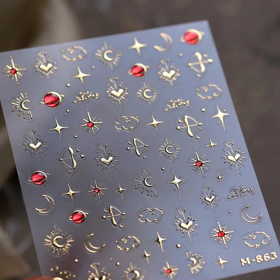 Gold Totem Red Heart Nail Art Stickers Aurora Holographic Star Moon Butterfly 5D Self Adhesive Nail Art RhinestoneS Stickers DIY