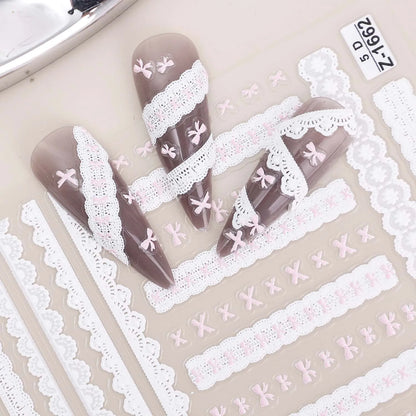 Japanese Bowknot Lace Heart Nail Stickers Self Adhesive Sweet Cool Pink Black Lace Nail Decals Cool Girls Manicure Decorations