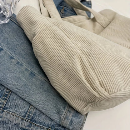 Large Capacity Women's Corduroy Tote Bag Casual Striped Shoulder Bag with Fixed Straps Zipper Handbag for Daily Commuting