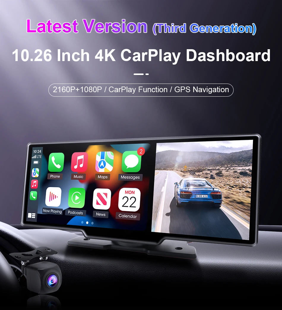 7/10.26" Wireless Carplay Screen for Car,5G Wifi Dash Cam 4K Car DVR,Android Auto Dual Lens GPS Navigation Video Recorder,FM AUX