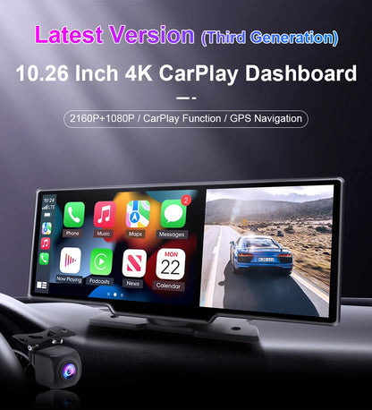 7/10.26" Wireless Carplay Screen for Car,5G Wifi Dash Cam 4K Car DVR,Android Auto Dual Lens GPS Navigation Video Recorder,FM AUX