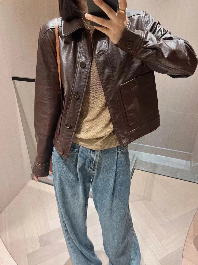 British Style Lapel Genuine Leather Jackets for Women Fashion Single-breasted Pockets Female Brown Casual Short Sheepskin Jacket