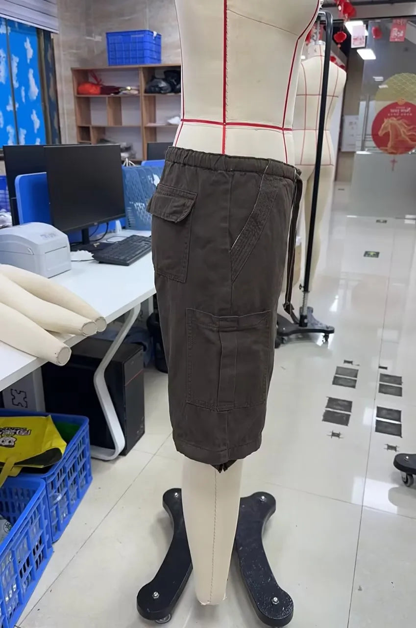 Women Y2K Baggy Cargo Shorts Knee Denim Length Drawstring Waist Multi Pocket Casual Streetwear Summer Loose Fit Jorts