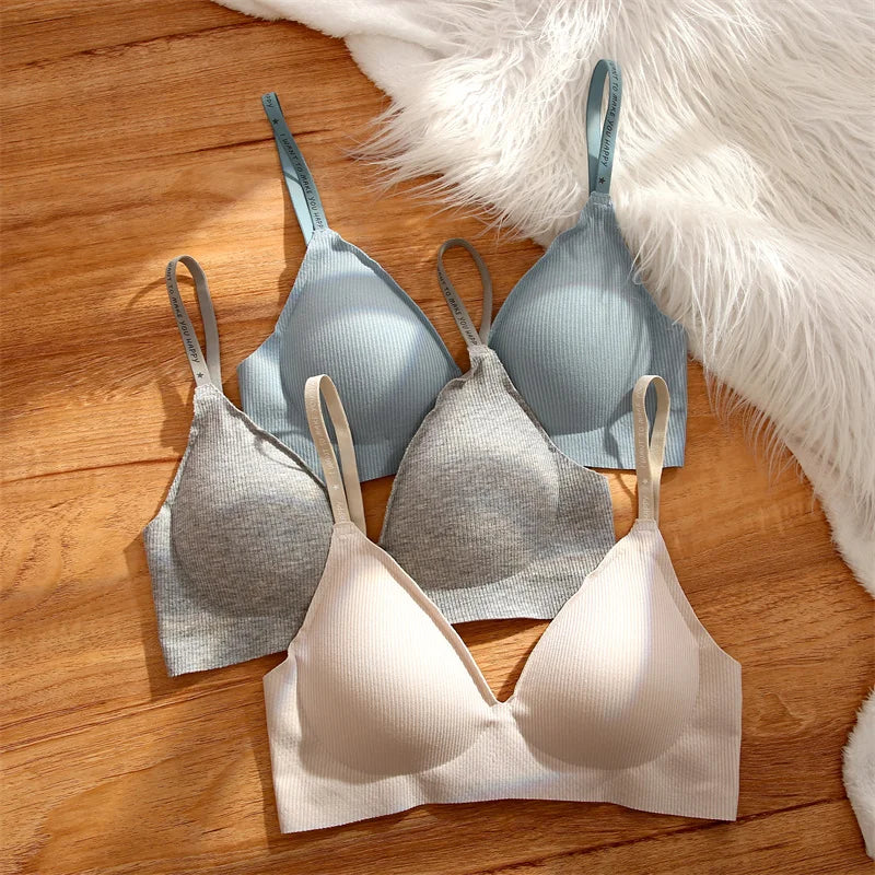 FINETOO Women Wireless Bra Deep V Padded Bralette S-XL Trendy Stripe Knitting Bras Sexy Ladies Brassiere Solid Underwear 6 Color