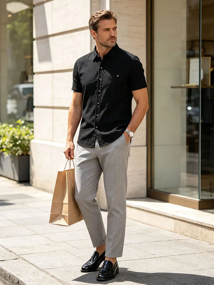 Men's Linen Blend Short Sleeve Button Down Shirt Casual Beach Top with Chest Pocket Breathable Lightweight Summer Shirts for Men