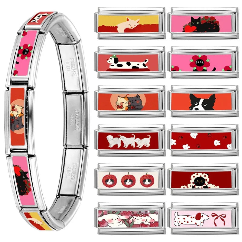 2025 New Women's Gift Cute Rabbit Cat Dogs Italian Charms Links Beads Fit 9mm Stainless Steel Modular Modular Bracelet Jewelry