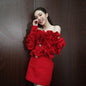 Elegant Red Off‑Shoulder Pleated Sleeve Mini Dress Party Evening Wedding Guest Dress 2025 Trending Women’s Fashion Plus Size