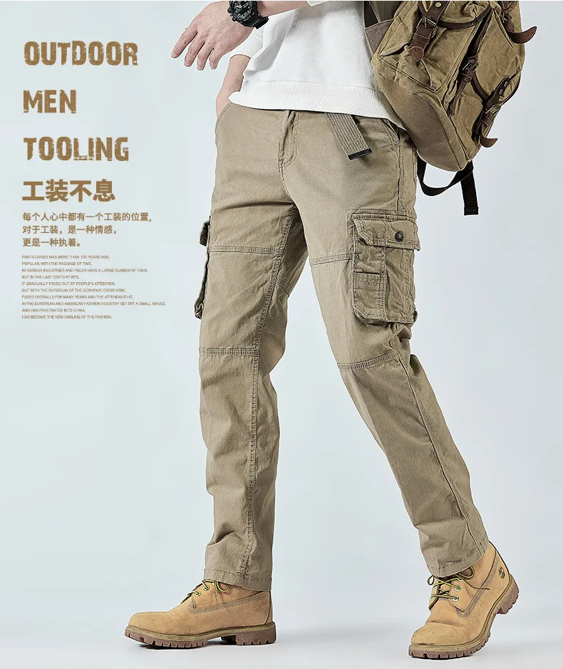 2026 Men's Cargo Pants Straight Leg Cotton Stretch Tactical Trouser Male Military Outdoor Camping Fishing Casual Work Wear Khaki
