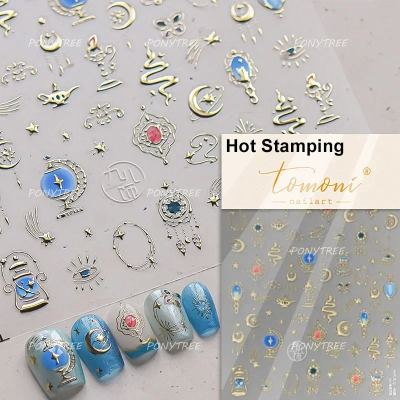 5D Gold Stamped Silver Sun Stars Snake Nail Art Stickers Totems Reliefs Self Adhesive Dark Chinese Style Manicure Decals