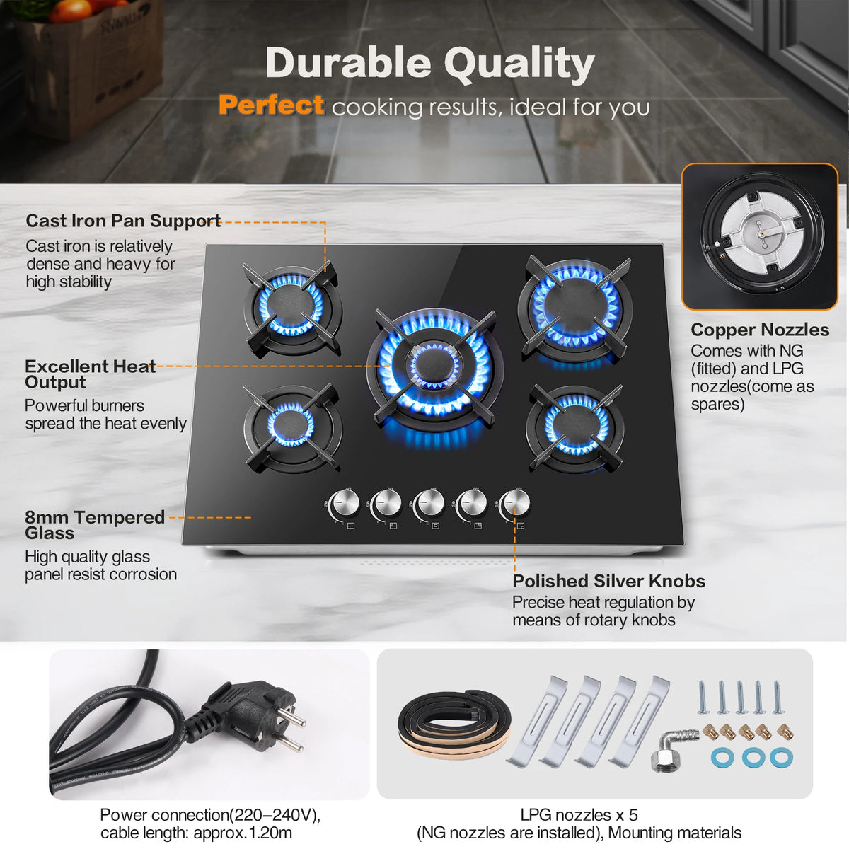5 Burners 70 cm Glass with Automatic Flame Protection, Natural Gas Propane Gas, Built-in Gas Hob