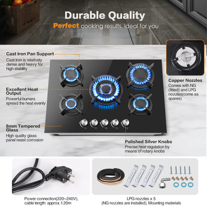 5 Burners 70 cm Glass with Automatic Flame Protection, Natural Gas Propane Gas, Built-in Gas Hob
