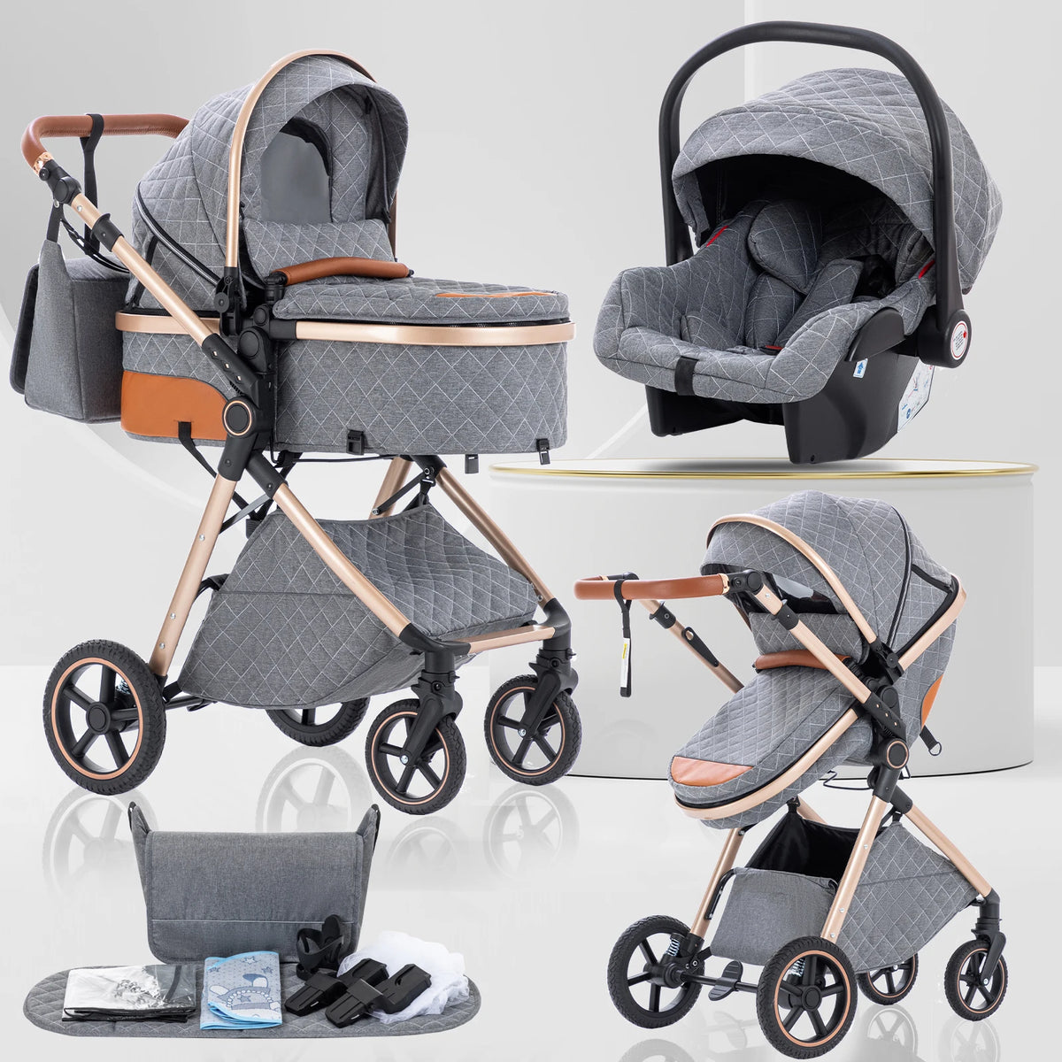 Luxury Baby Stroller 3 in1 Portable Baby Carriage Folding Prams High Landscape Car for Newborn Baby Adjustable Handle travel