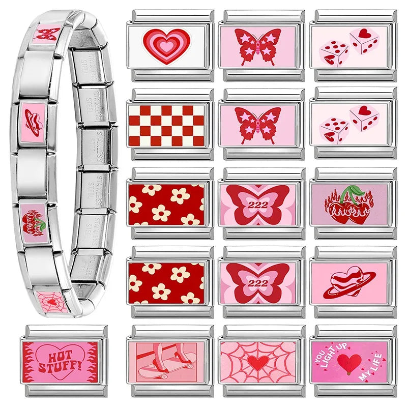 Wholesale Sweet Pink Series Stars Heart Flowers Butterfly Italian Link Fit 9mm Stainless Steel Bracelet Making DIY Charm Jewelry