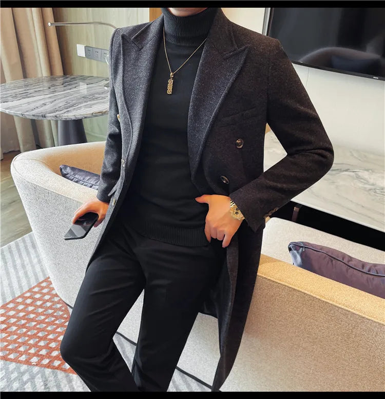 Autumn Winter Vintage Men's Woolen Long Coat Fashion Lapel High Quality Double Breasted Formal Men Slim Fit WindBreaker Overcoat