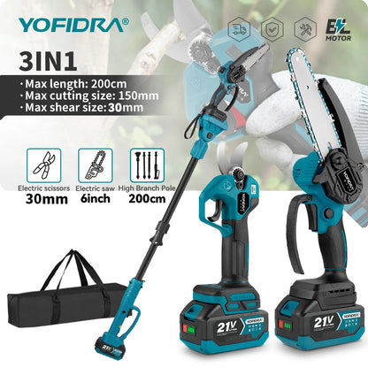 YOFIDRA 3IN1 Brushless Electric Chainsaw Telescoping Pole High Branch Saw Woodworking Pruning Power Tool  Makita 21V Battery Pin