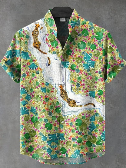 Men's Summer Street Style Short Sleeved Shirt Paired With 3D Printed Linen Cardigan, Fashionable Stand Up Collar Breathable Top