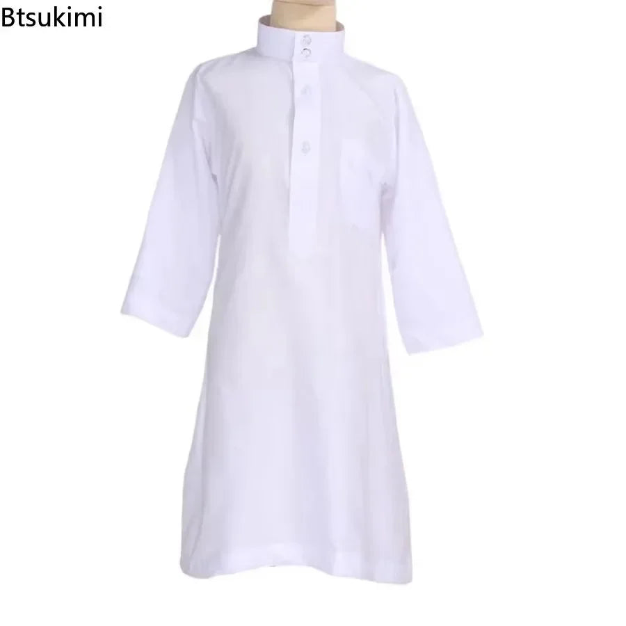 New Islamic Kaftan Children Jubba Thobe Muslim Boys Abaya Kids Burqas White Arab Stand Collar Long Sleeved Robe Muslim Fashion