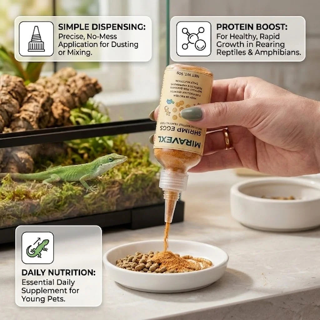 MIRAVEXL Shell-Free High-Protein No-Hatch Shrimp-Based Diet for Reptiles & Fry, Feed for Lizards, Turtles & Amphibian Pets