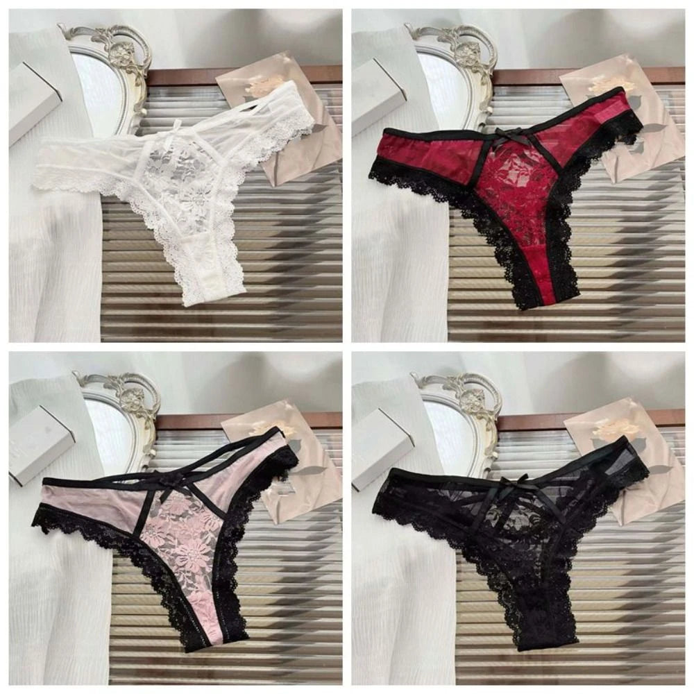 Breathable Patchwork Mesh Floral Bowknot Panties Ruffle Thong Lace Flower Transparent Briefs Low Waist Hollow Out Lady