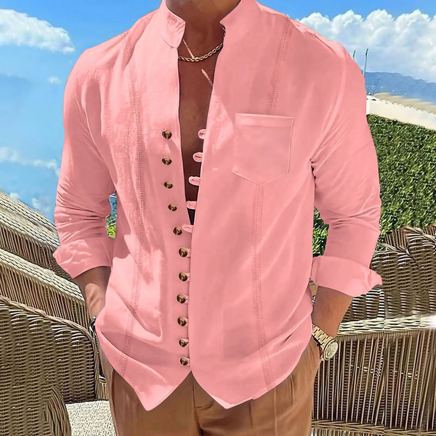 2025 Men's New Cotton and Linen Pocket Retro Stand-Up Collar Long-Sleeved Shirt Casual Multi-Button Solid Color Striped Cardigan