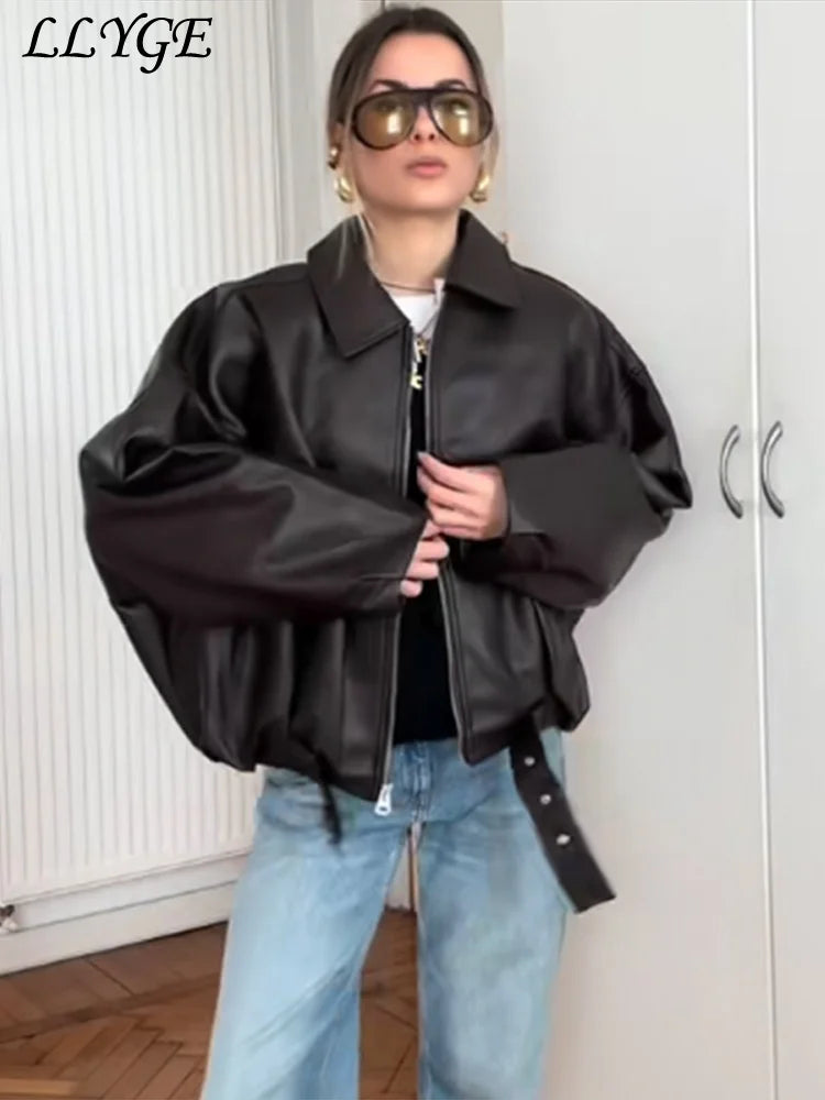 Street Women's Belt Leather Jackets Loose Lapel Zipper Long Sleeve Pockets Female Coats 2026 Autumn Lady Fashion Y2k Outwear