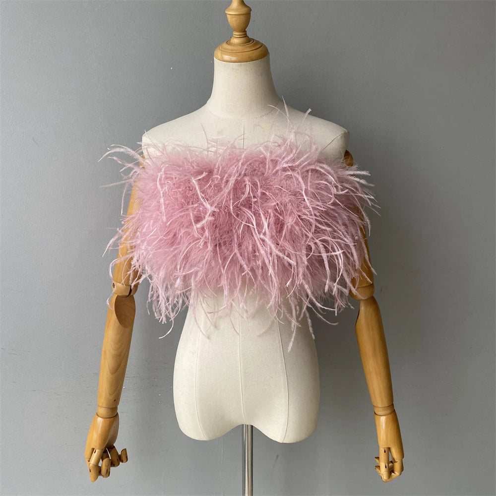 Jaxmonoy New Women Ostrich Feather Tube Spring Summer Sexy Stretch Top Bra Lady Party Wedding Fashion Sleeveless Cropped Top