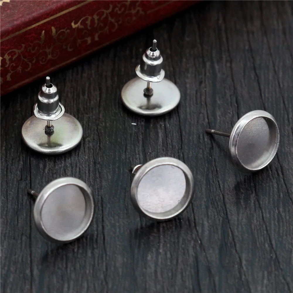 (Never Fade) 6/8/10/12/14/16/18/20mm Stainless Steel Earring Base Studs Ear Cameo Settings Cabochon Base Tray Blank (With Back)