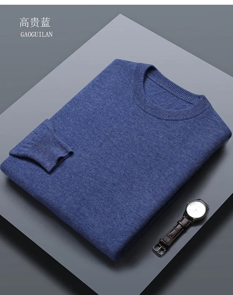 Classic Solid Color Men's O-neck Sweater Autumn Winter 100% Merino Wool Knitted Pullover Long Sleeve Warm Loose Casual Men Tops