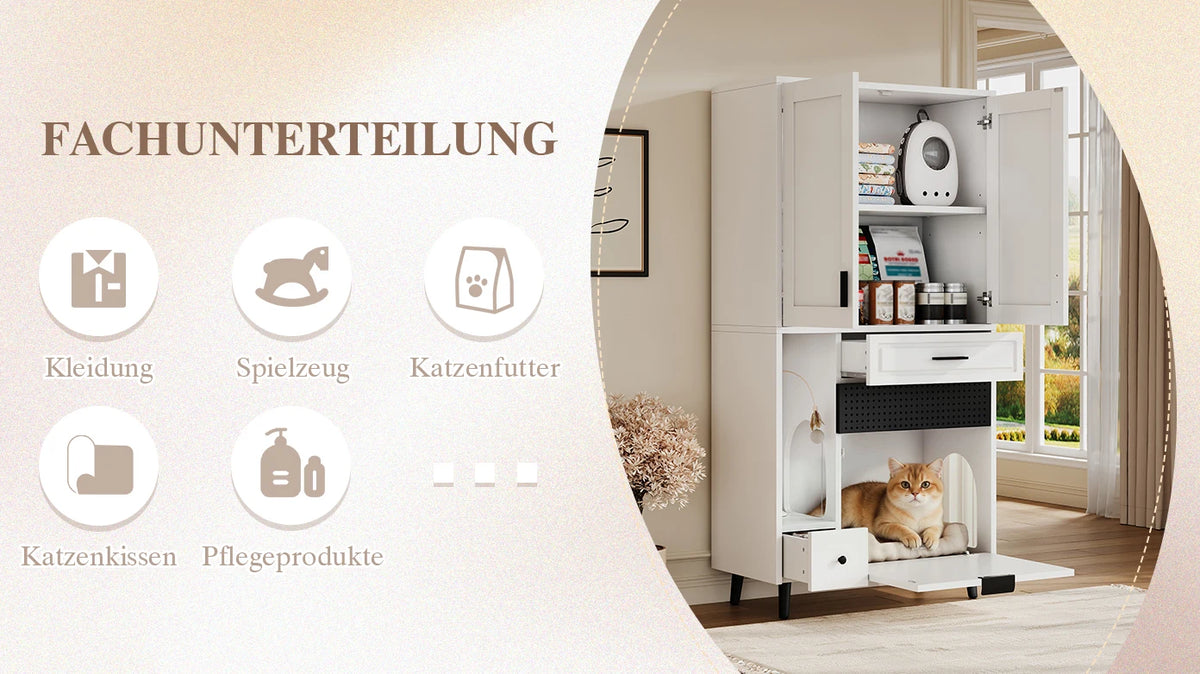 Multifunctional Cat Storage Cabinet with Stable Construction, Adjustable Shelves, Drawers, and Cat Bed Area – Cozy Activity Space for Cats, Pet Furniture with Arch Openings