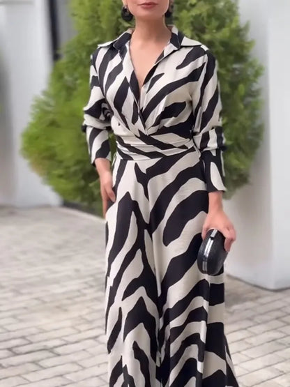 Women's Fashion Zebra Printed Wide Leg Lapel Jumpsuits Long Sleeves High Waisted Urban Trendy Office Party Jump Suits
