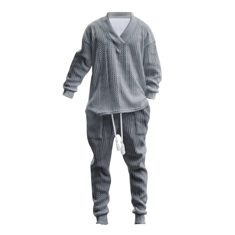 2025 Cross-border New Men's Casual Trousers V-Neck Versatile Jacquard Knitted Sweater Set