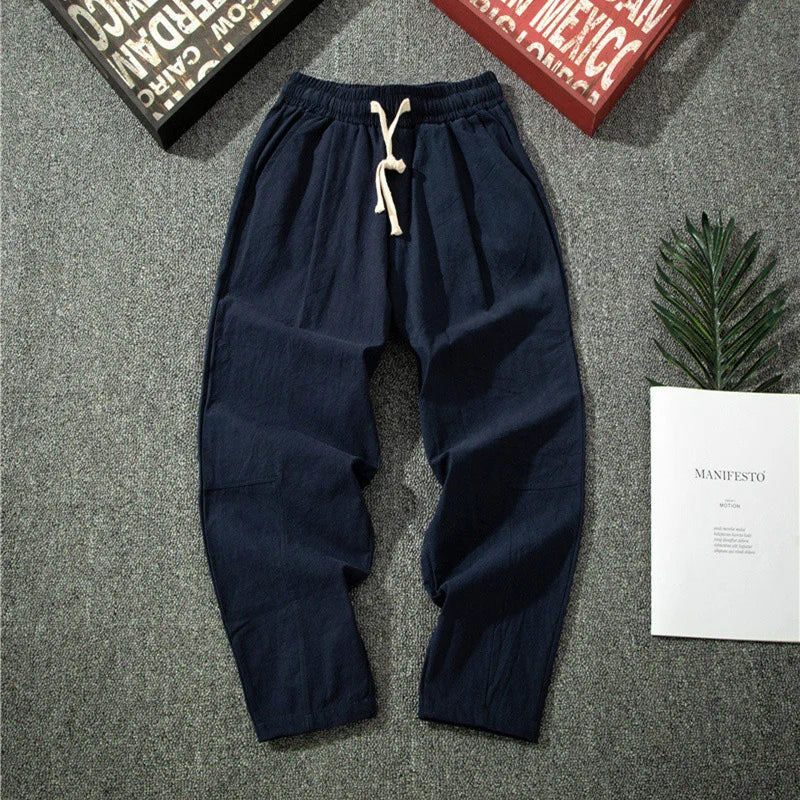 Streetwear Men Cotton Trousers Casual Solid Color Long Pants Breathable Drawstring Straight Pants Harem Pants Men Baggy Pants
