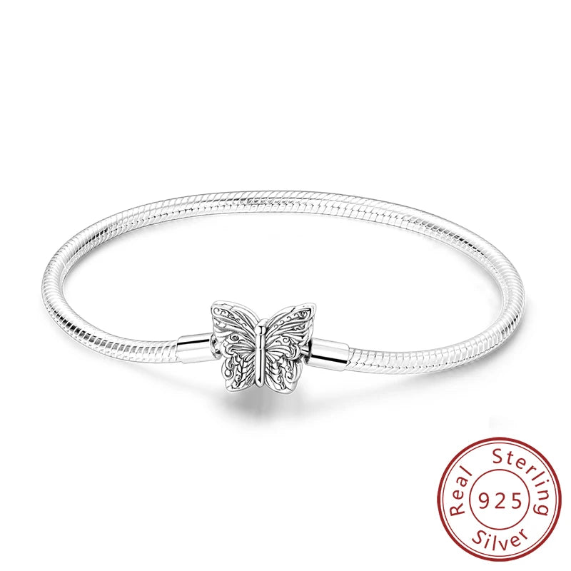 Original 925 Sterling Silver Bracelets 17-20CM Love Heart Flowers Butterfly Charms Beads Bracelet For Women Fashion Jewelry Gift
