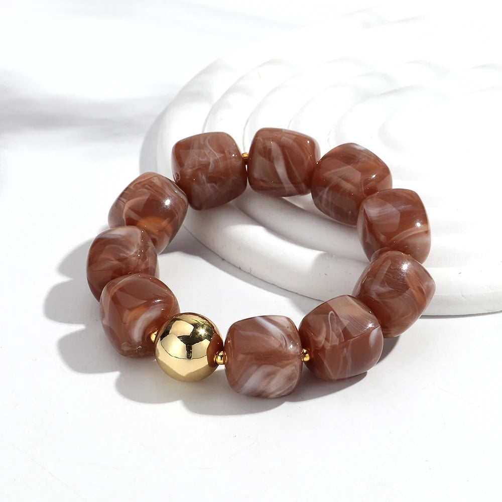 Acrylic Square Beads Elastic Bracelets for Women Boho Irregular Stone Shape Beaded Handmade Bracelet Bangle Retro Jewelry Gifts
