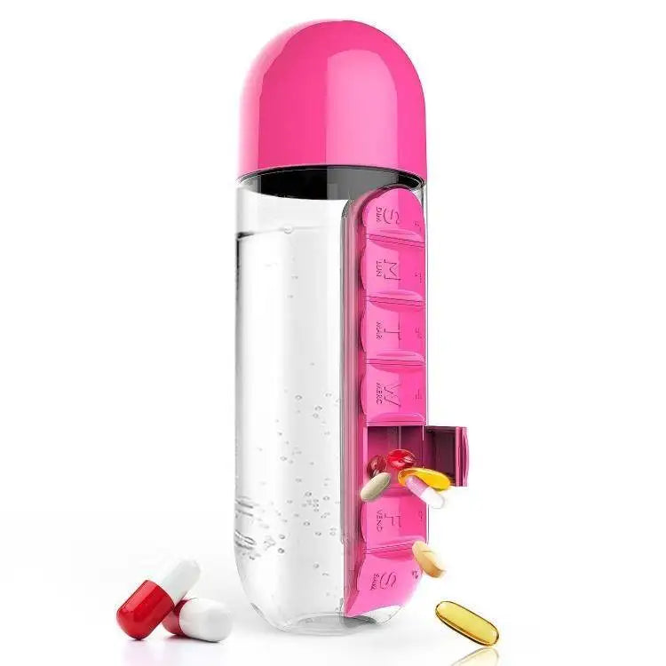 Portable Water Bottle With Built-in Pill Box for Medicines, Vitamins, Perfect for Outdoor, Gym, Fitness, Camping and Traveling