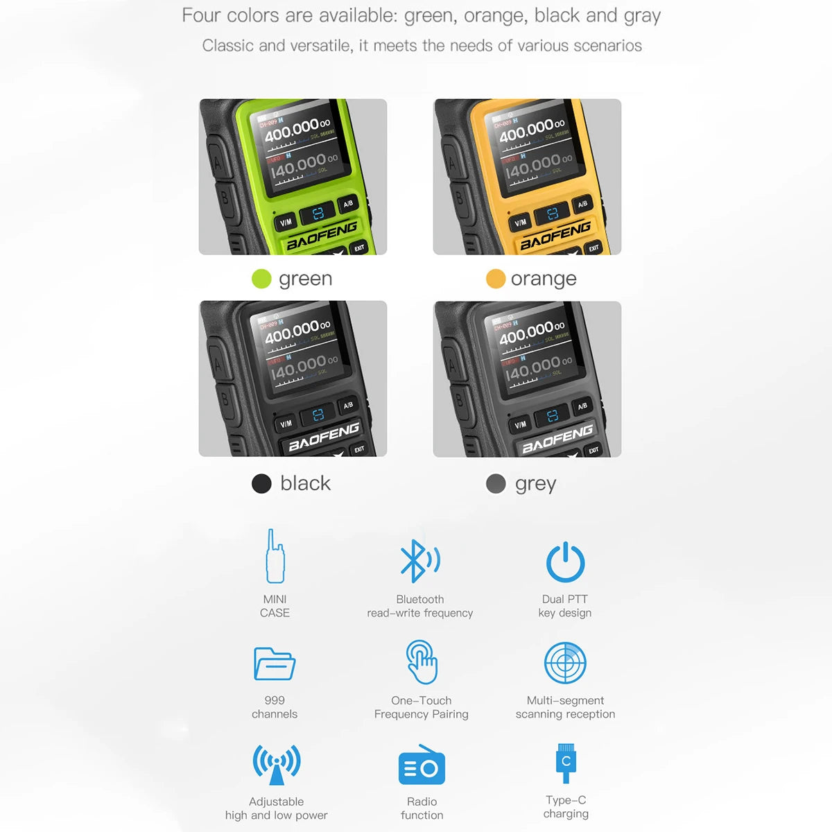 BAOFENG UV-5R Mini Walkie Talkie Full Band Bluetooth Programming Wireless Copy Frequency 999CH AM FM Type-C Long Range Ham Radio