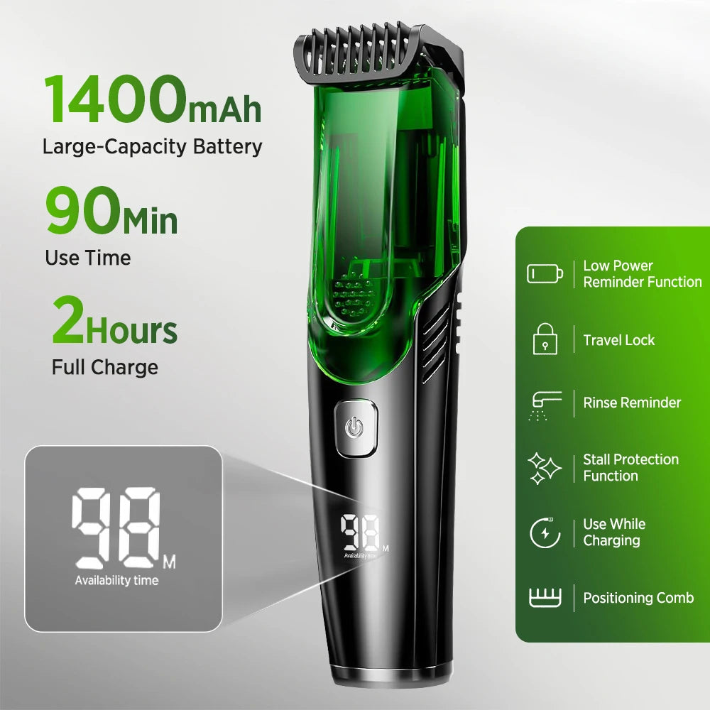 Cordless Men Beard Trimmer Electric Shaver IPX6 Waterproof Built-in Vacuum Clipper for Mustache Sideburns Grooming Kit