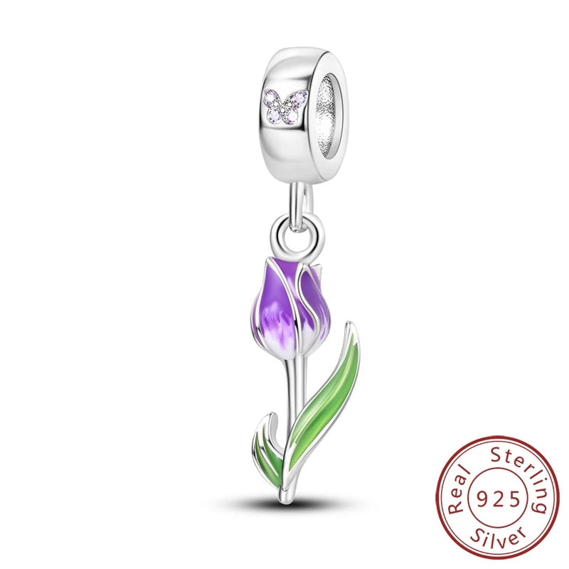 Original 925 Sterling Silver Charm Beads Clover Sunflower Tulip Carnation Pendant For Women Jewelry Fashion Gift
