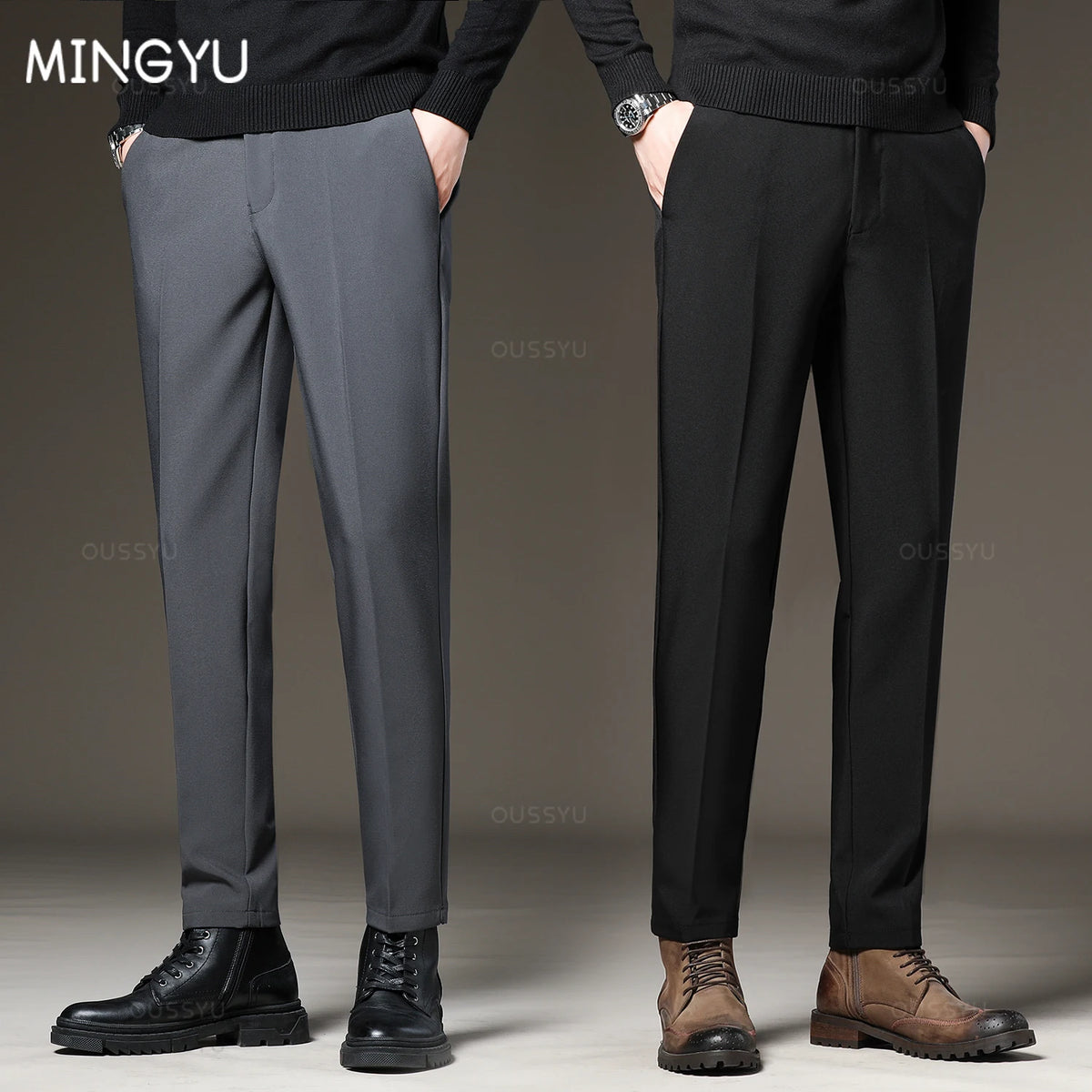 Autumn Winter Men‘s Suit Pants Slim Business Office Elastic Waist Black Grey Classic Pant Korean Trousers Male Plus Size 28-38