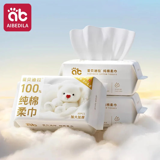 AIBEDILA Newborn Baby Cotton Dry Wipes Unscented Hypoallergenic 3-in-1 Clean Care Thick Facial Towels for Sensitive Infant Skin