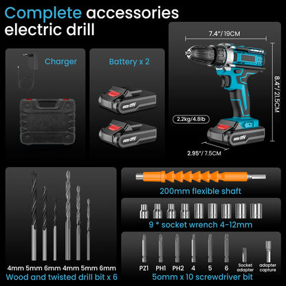 Cordless Impact Screwdriver Handheld Drill Power Tool 32 Torque Setting 2 Gear Speed Electric Screwdriver With 2 Batteries
