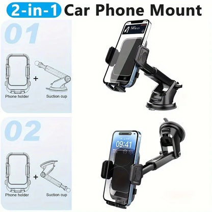 Car Phone Mount Suction Cup Dashboard Windshield Holder Adjustable Extendable Arm One Button Release for GPS Navigation