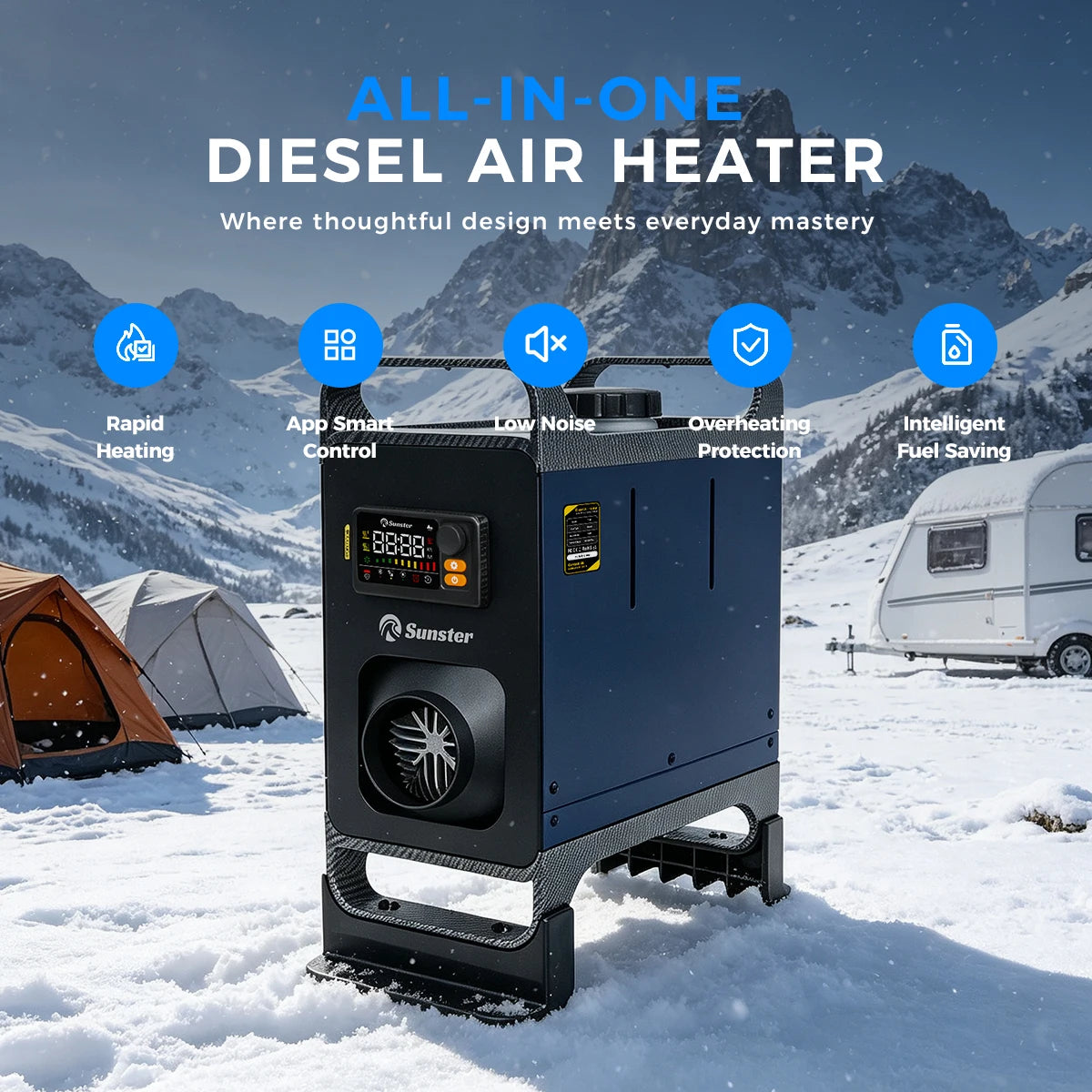 Sunster 8KW Diesel Air Heater All-in-One 12V/24V 110-240V Dual Power Portable with Handle Fast Heat No Cold Air 35dB Silent Parking Heater APP LCD for Camping RV