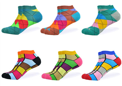 6 Pairs Men Novelty Fashion Colorful Casual Ankle Short Socks Harajuku Grid Space Cotton Happy Funny  Men Women Socks